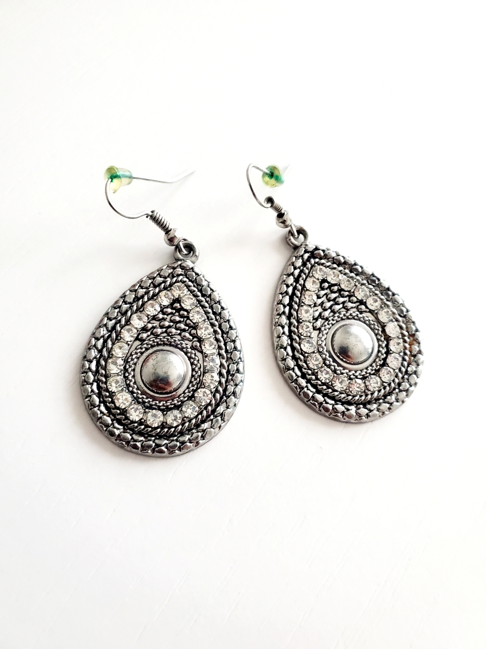 Silver Teardrop Drop Earrings with Crystal Accent